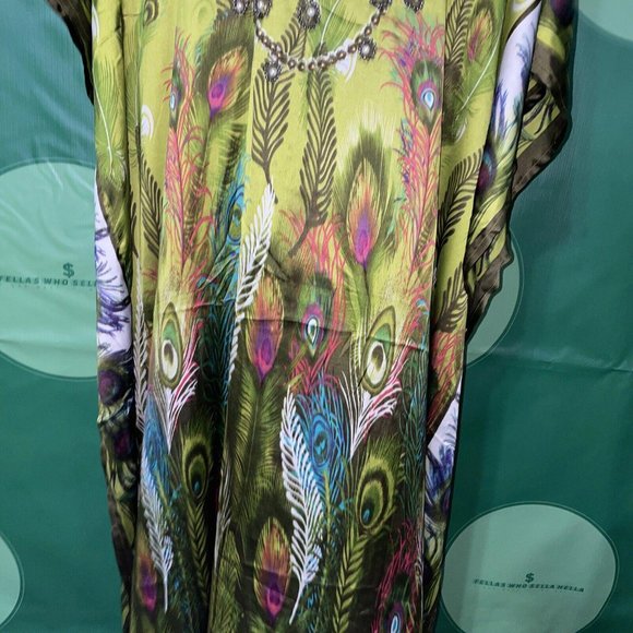 GOLD COAST Mumu House Dress OS One Size Beach Cover-Up Beaded PEACOCK print -NWT - Picture 5 of 12